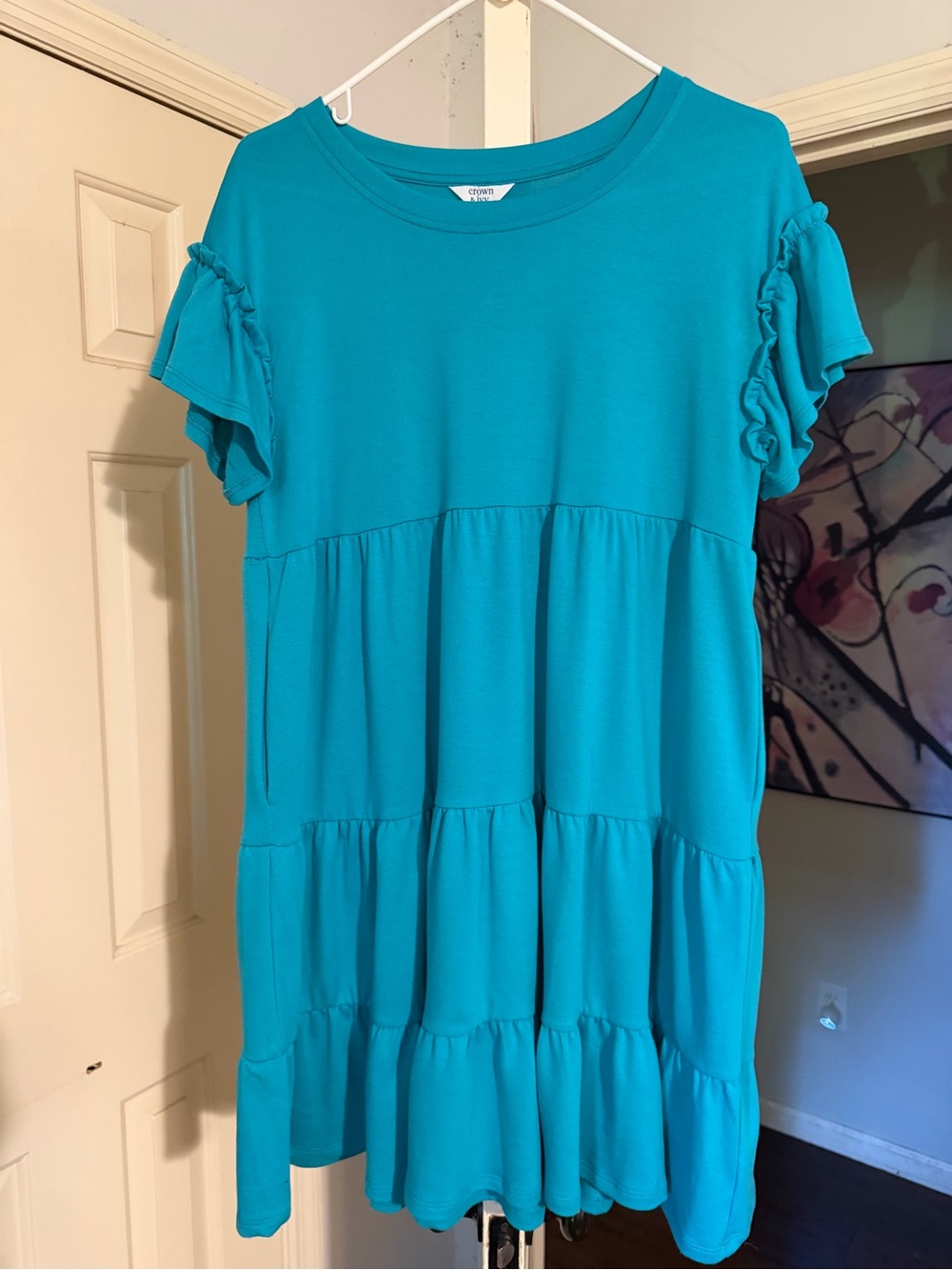 crown & ivy Teal Tiered Ruffle Sleeve Dress